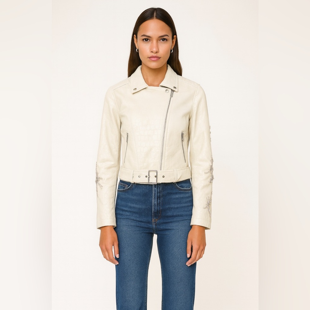 Azalea Wang Women's White Embellished Leather Jacket - Picture 2 of 11